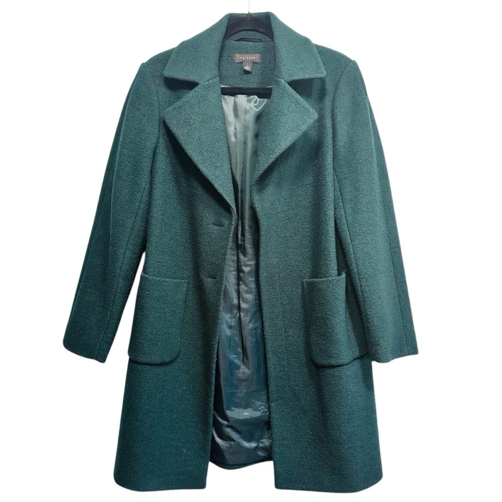 Halogen wool blend jade green long winter coat, size small